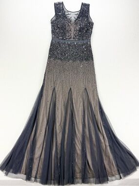 Adrianna Papell Sleeveless Beaded Illusion Gown Gunmetal Prom Graduation Dress
